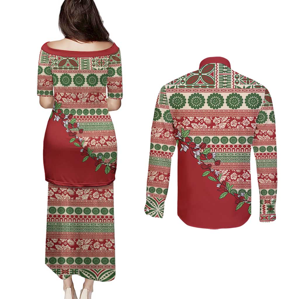 Fiji Marau na Kerisimasi Couples Matching Puletasi and Long Sleeve Button Shirt Red Tagimoucia Tapa Masi Tribal - Polynesian Pride