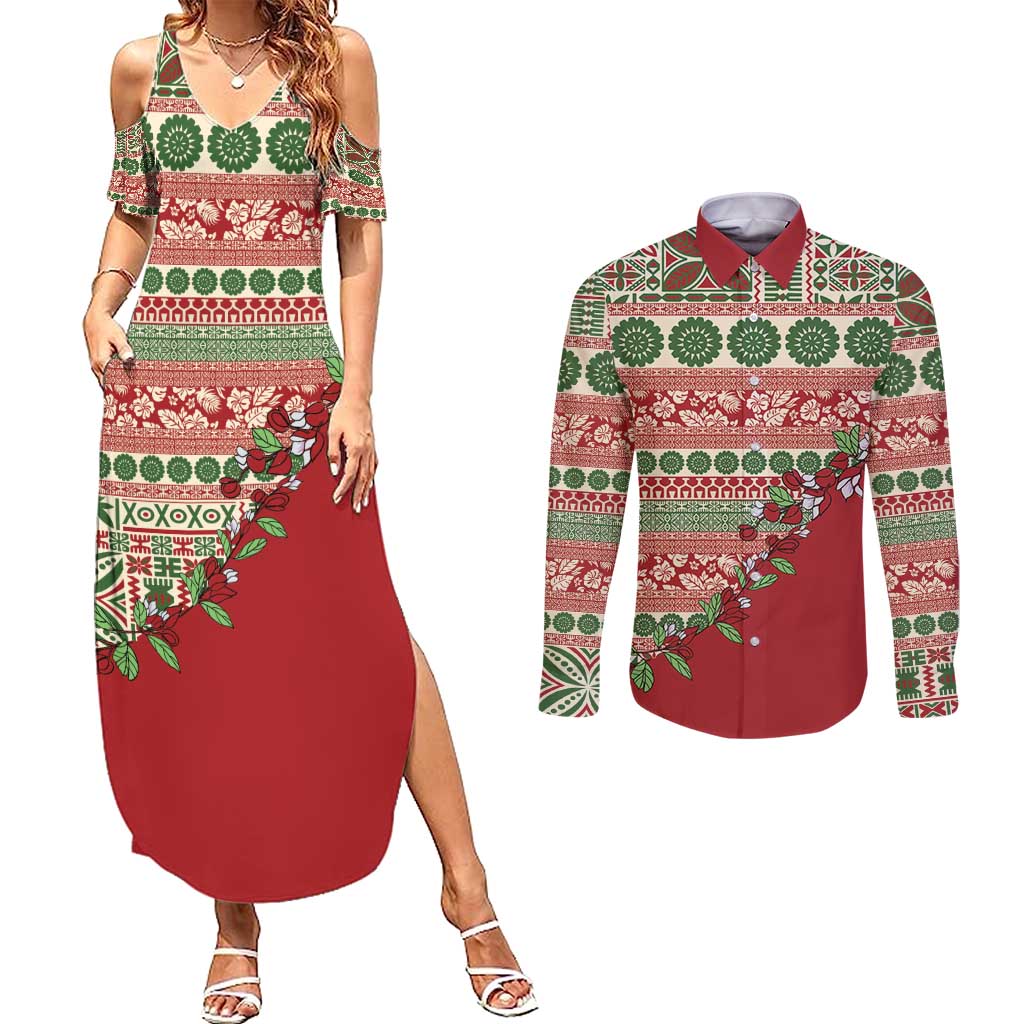 Fiji Marau na Kerisimasi Couples Matching Summer Maxi Dress and Long Sleeve Button Shirt Red Tagimoucia Tapa Masi Tribal - Polynesian Pride