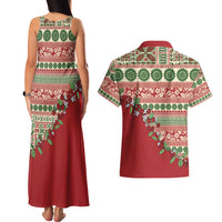 Fiji Marau na Kerisimasi Couples Matching Tank Maxi Dress and Hawaiian Shirt Red Tagimoucia Tapa Masi Tribal - Polynesian Pride