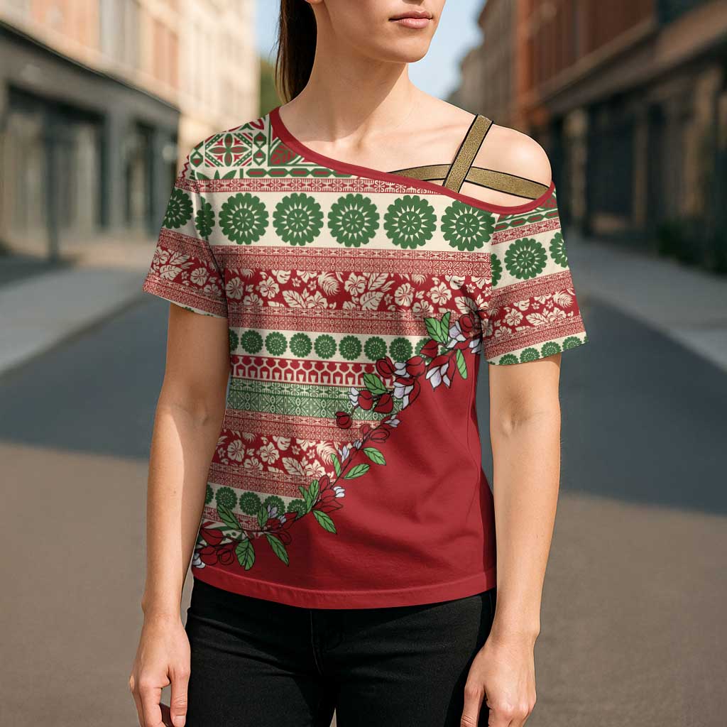 Fiji Marau na Kerisimasi Cross Shoulder Shirt Red Tagimoucia Tapa Masi Tribal - Polynesian Pride