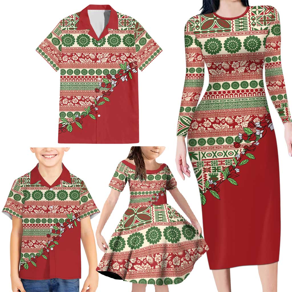Fiji Marau na Kerisimasi Family Matching Long Sleeve Bodycon Dress and Hawaiian Shirt Red Tagimoucia Tapa Masi Tribal - Polynesian Pride