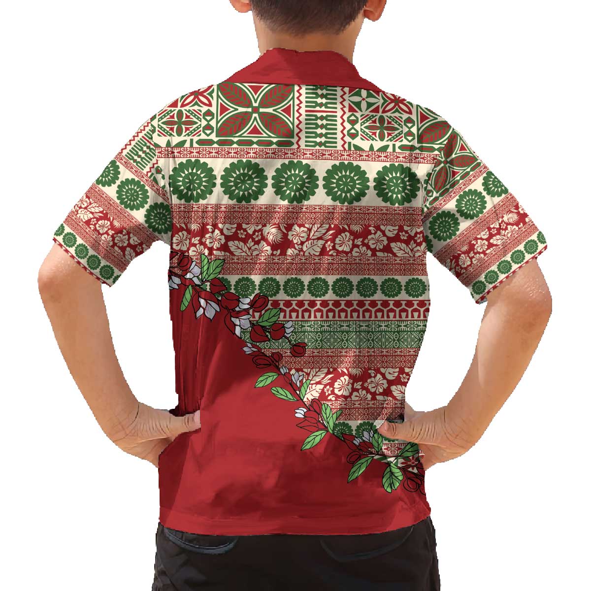 Fiji Marau na Kerisimasi Family Matching Off The Shoulder Long Sleeve Dress and Hawaiian Shirt Red Tagimoucia Tapa Masi Tribal - Polynesian Pride