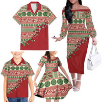 Fiji Marau na Kerisimasi Family Matching Off The Shoulder Long Sleeve Dress and Hawaiian Shirt Red Tagimoucia Tapa Masi Tribal - Polynesian Pride