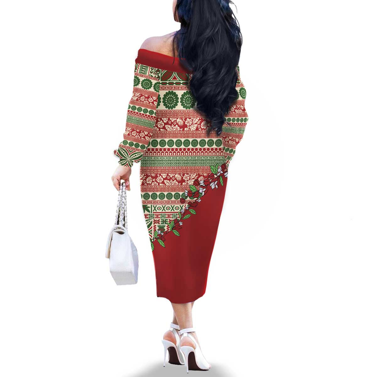 Fiji Marau na Kerisimasi Family Matching Off The Shoulder Long Sleeve Dress and Hawaiian Shirt Red Tagimoucia Tapa Masi Tribal - Polynesian Pride