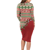 Fiji Marau na Kerisimasi Long Sleeve Bodycon Dress Red Tagimoucia Tapa Masi Tribal - Polynesian Pride