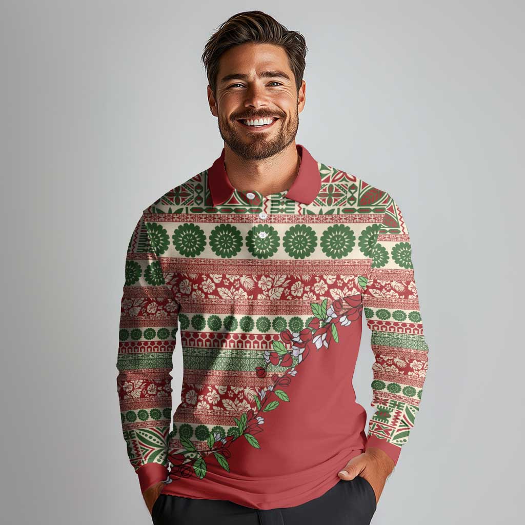Fiji Marau na Kerisimasi Long Sleeve Polo Shirt Red Tagimoucia Tapa Masi Tribal - Polynesian Pride