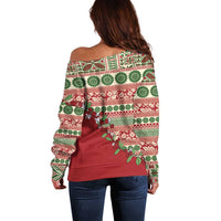 Fiji Marau na Kerisimasi Off Shoulder Sweater Red Tagimoucia Tapa Masi Tribal LT9 - Polynesian Pride