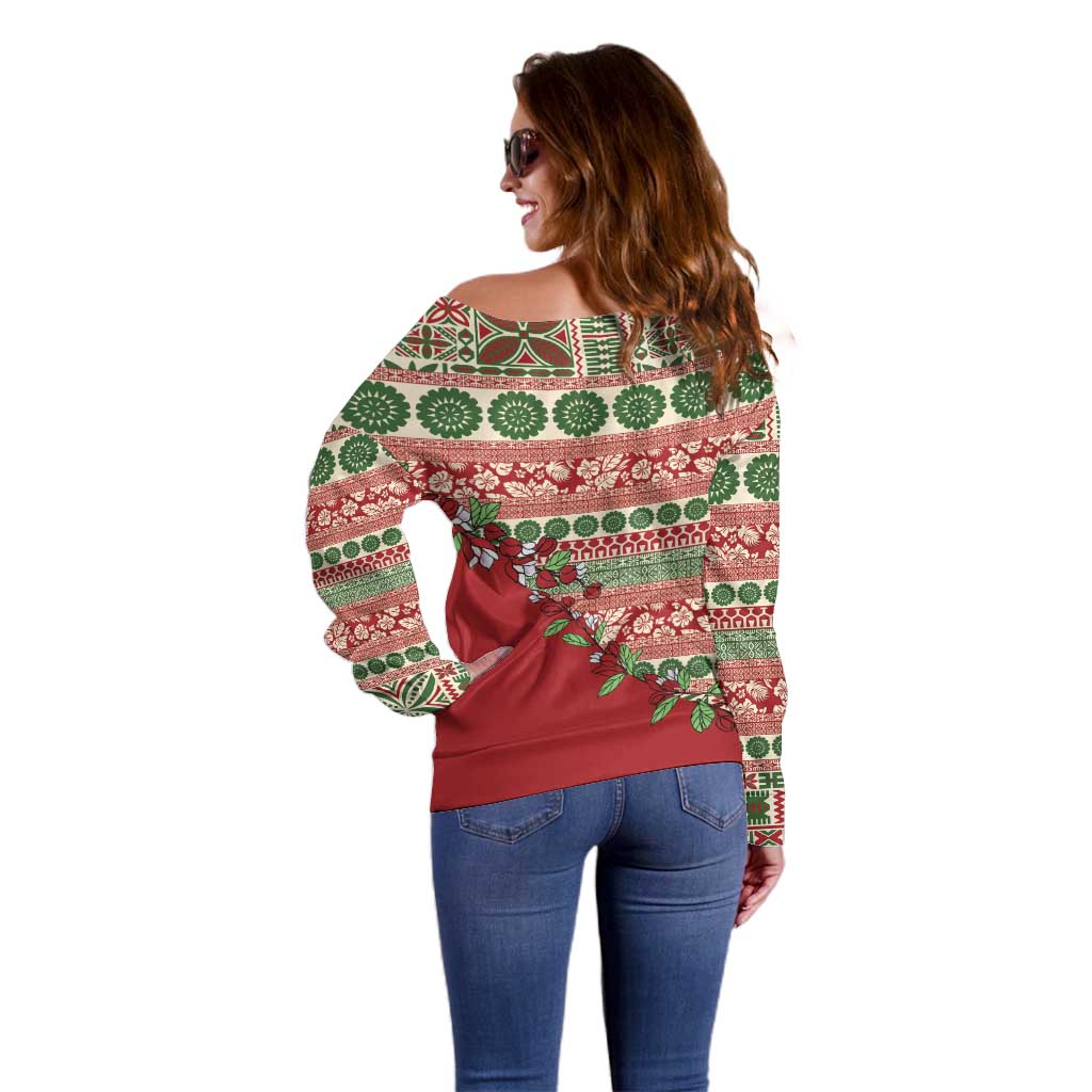 Fiji Marau na Kerisimasi Off Shoulder Sweater Red Tagimoucia Tapa Masi Tribal LT9 - Polynesian Pride