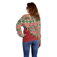 Fiji Marau na Kerisimasi Off Shoulder Sweater Red Tagimoucia Tapa Masi Tribal LT9 - Polynesian Pride