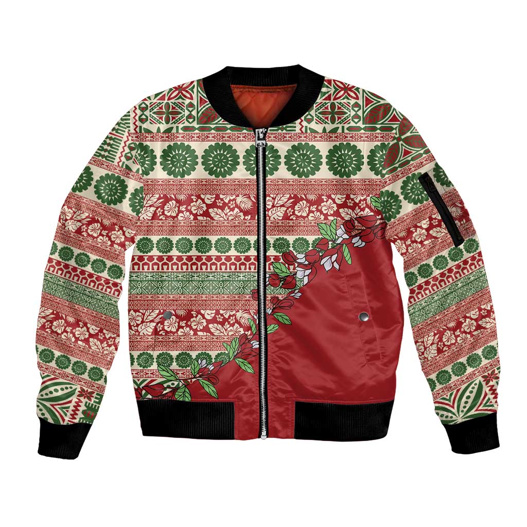 Fiji Marau na Kerisimasi Sleeve Zip Bomber Jacket Red Tagimoucia Tapa Masi Tribal - Polynesian Pride