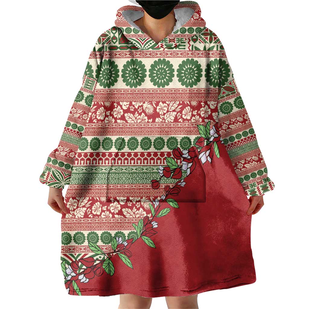 Fiji Marau na Kerisimasi Wearable Blanket Hoodie Red Tagimoucia Tapa Masi Tribal - Polynesian Pride