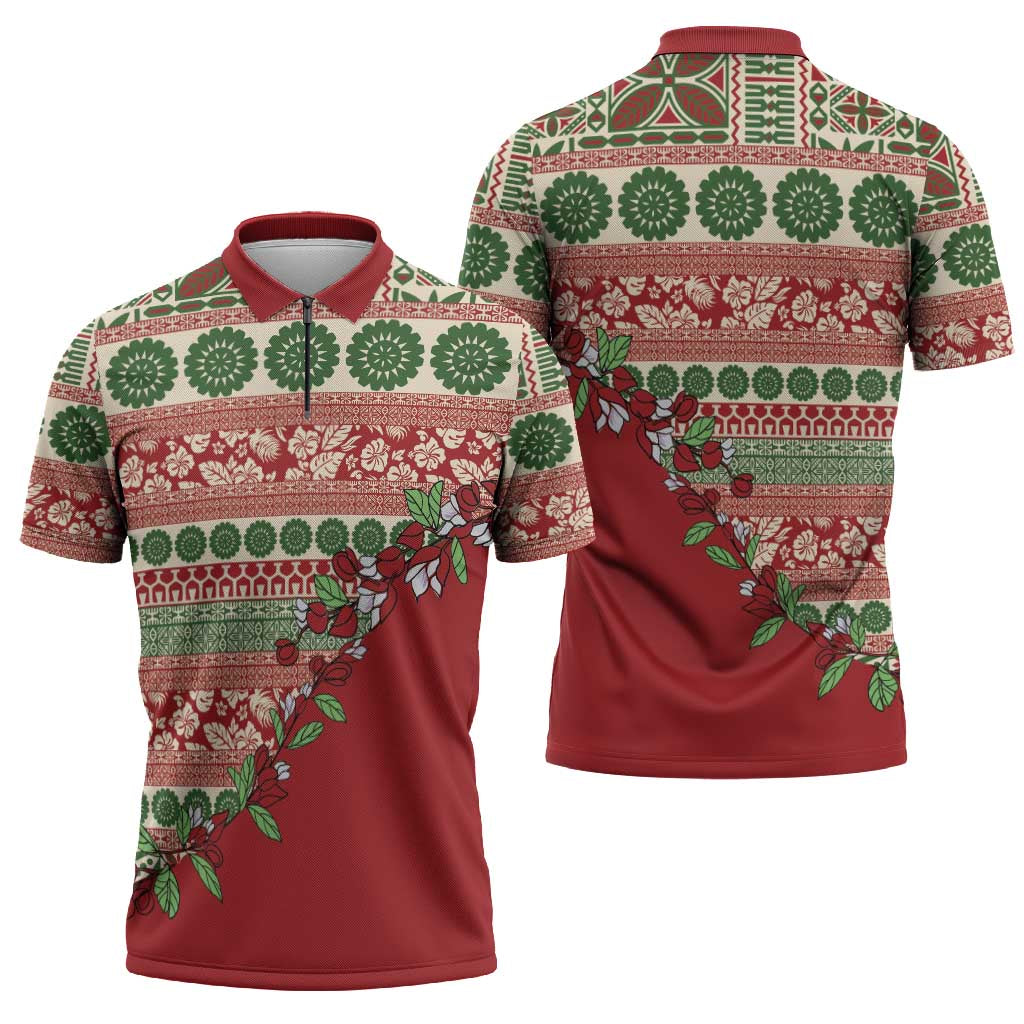 Fiji Marau na Kerisimasi Zipper Polo Shirt Red Tagimoucia Tapa Masi Tribal - Polynesian Pride