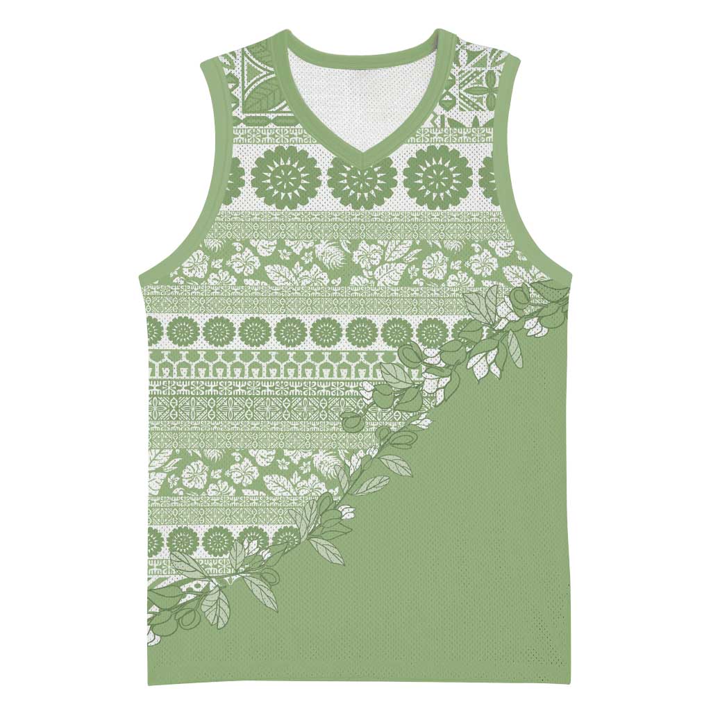 Fiji Marau na Kerisimasi Basketball Jersey Sage Green Tagimoucia Tapa Masi Tribal - Polynesian Pride