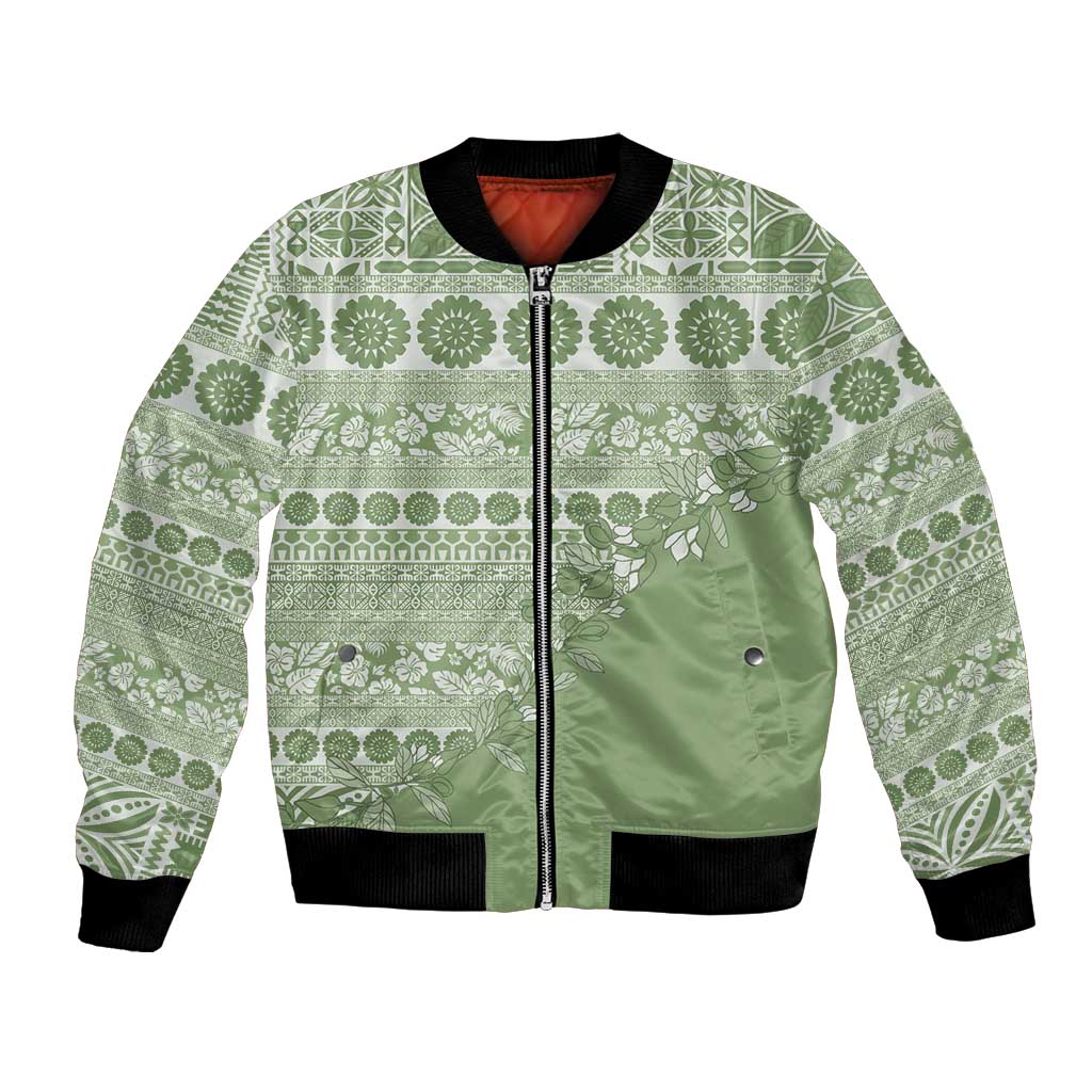 Fiji Marau na Kerisimasi Bomber Jacket Sage Green Tagimoucia Tapa Masi Tribal - Polynesian Pride