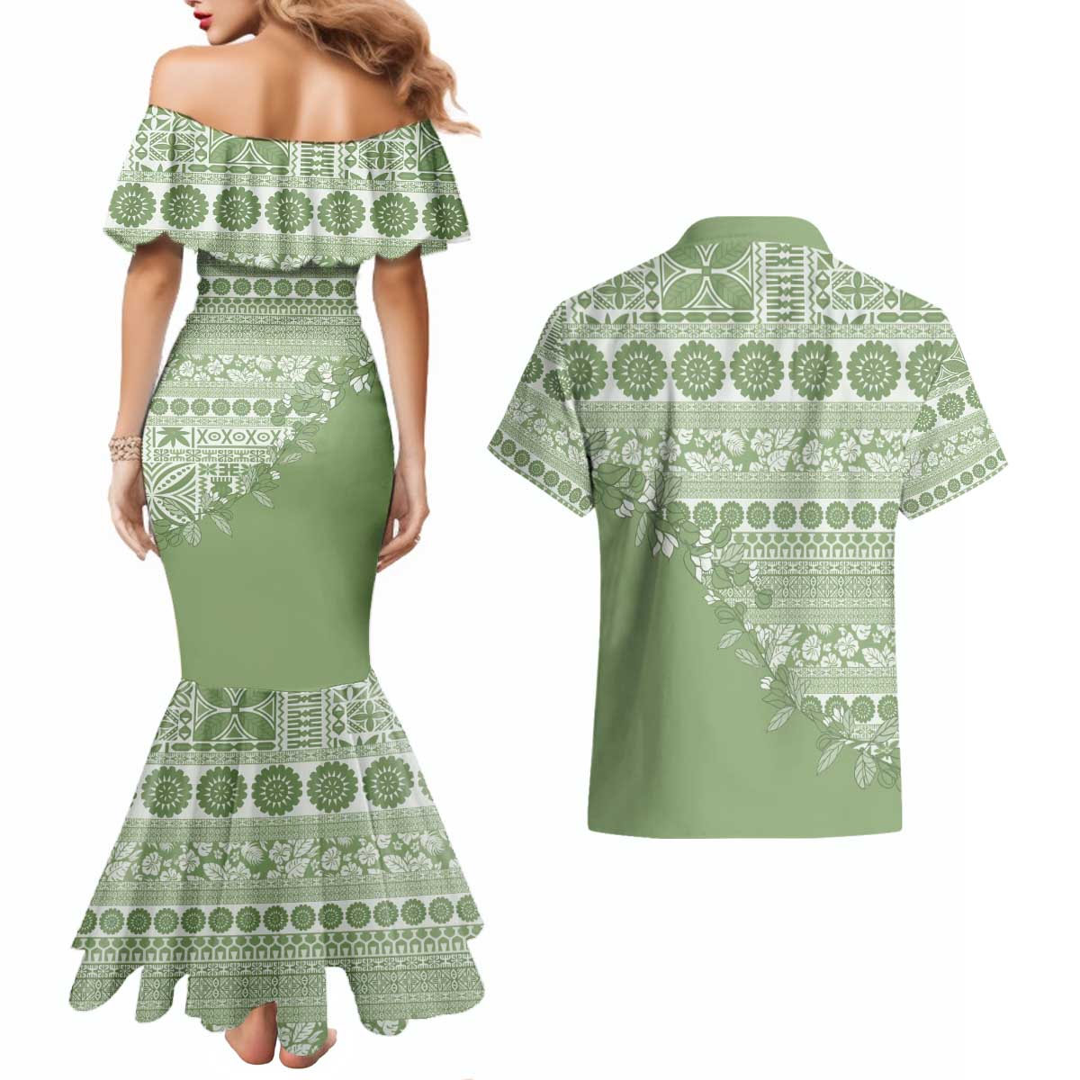 Fiji Marau na Kerisimasi Couples Matching Mermaid Dress and Hawaiian Shirt Sage Green Tagimoucia Tapa Masi Tribal - Polynesian Pride
