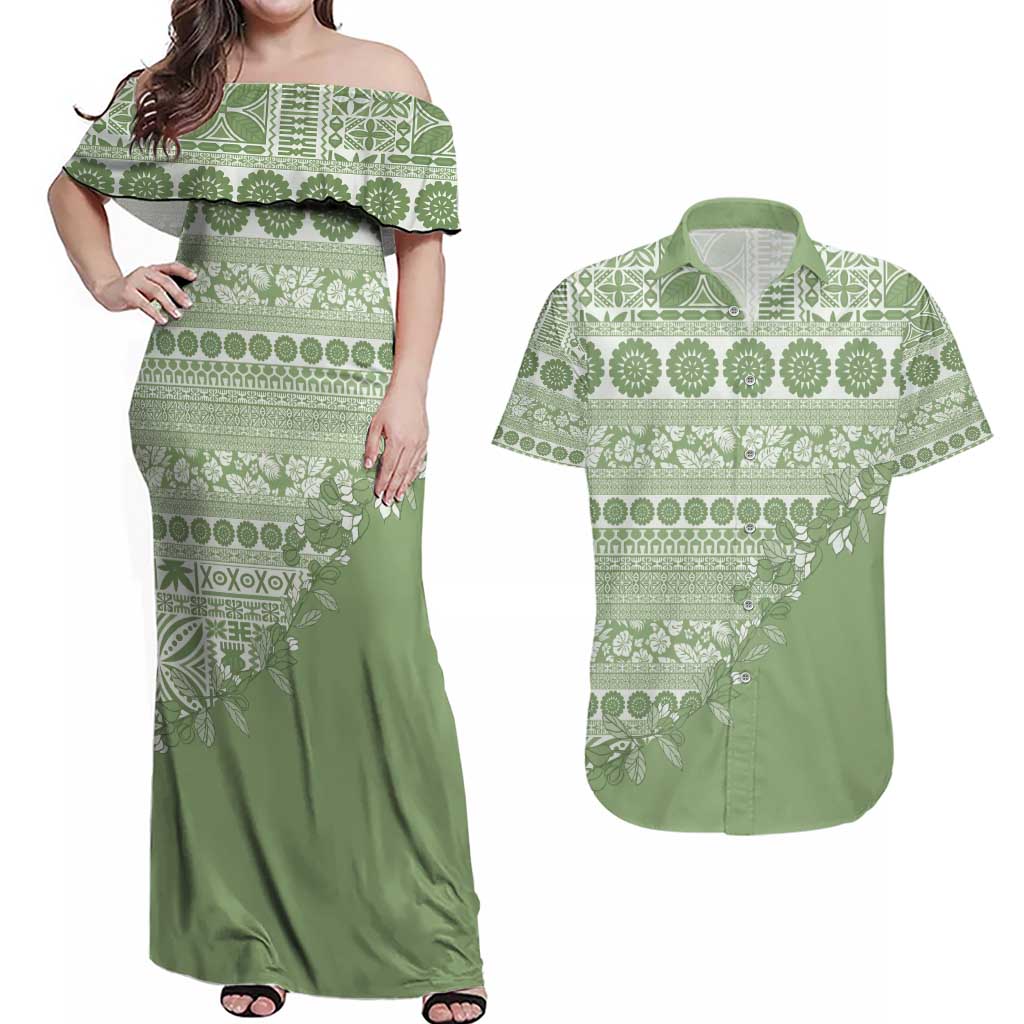 Fiji Marau na Kerisimasi Couples Matching Off Shoulder Maxi Dress and Hawaiian Shirt Sage Green Tagimoucia Tapa Masi Tribal - Polynesian Pride