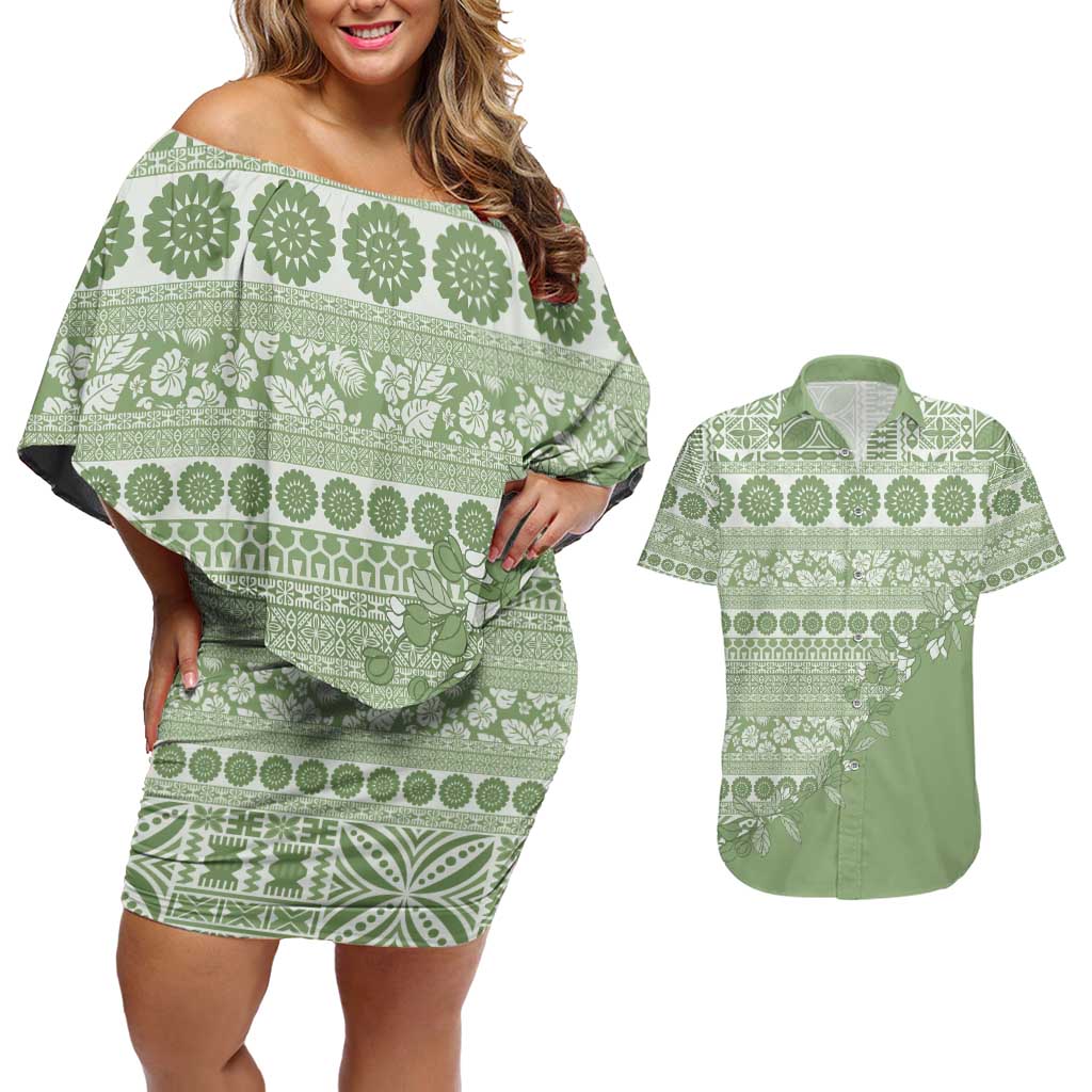 Fiji Marau na Kerisimasi Couples Matching Off Shoulder Short Dress and Hawaiian Shirt Sage Green Tagimoucia Tapa Masi Tribal - Polynesian Pride