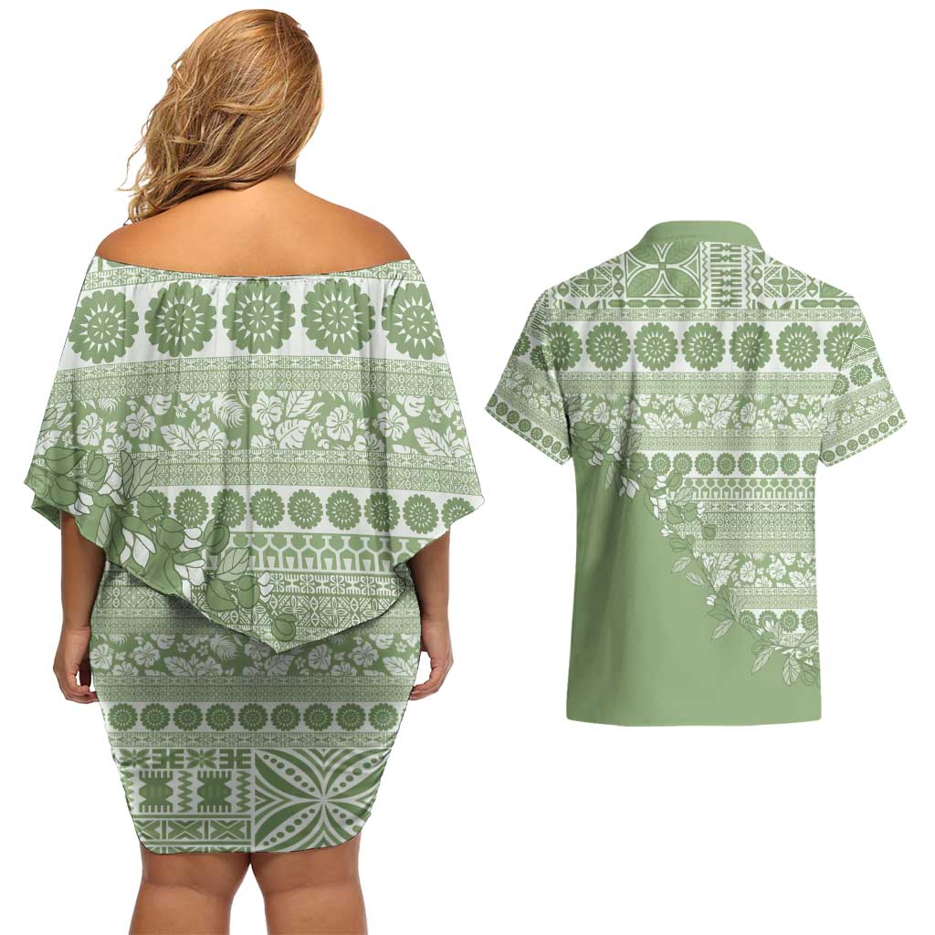 Fiji Marau na Kerisimasi Couples Matching Off Shoulder Short Dress and Hawaiian Shirt Sage Green Tagimoucia Tapa Masi Tribal - Polynesian Pride