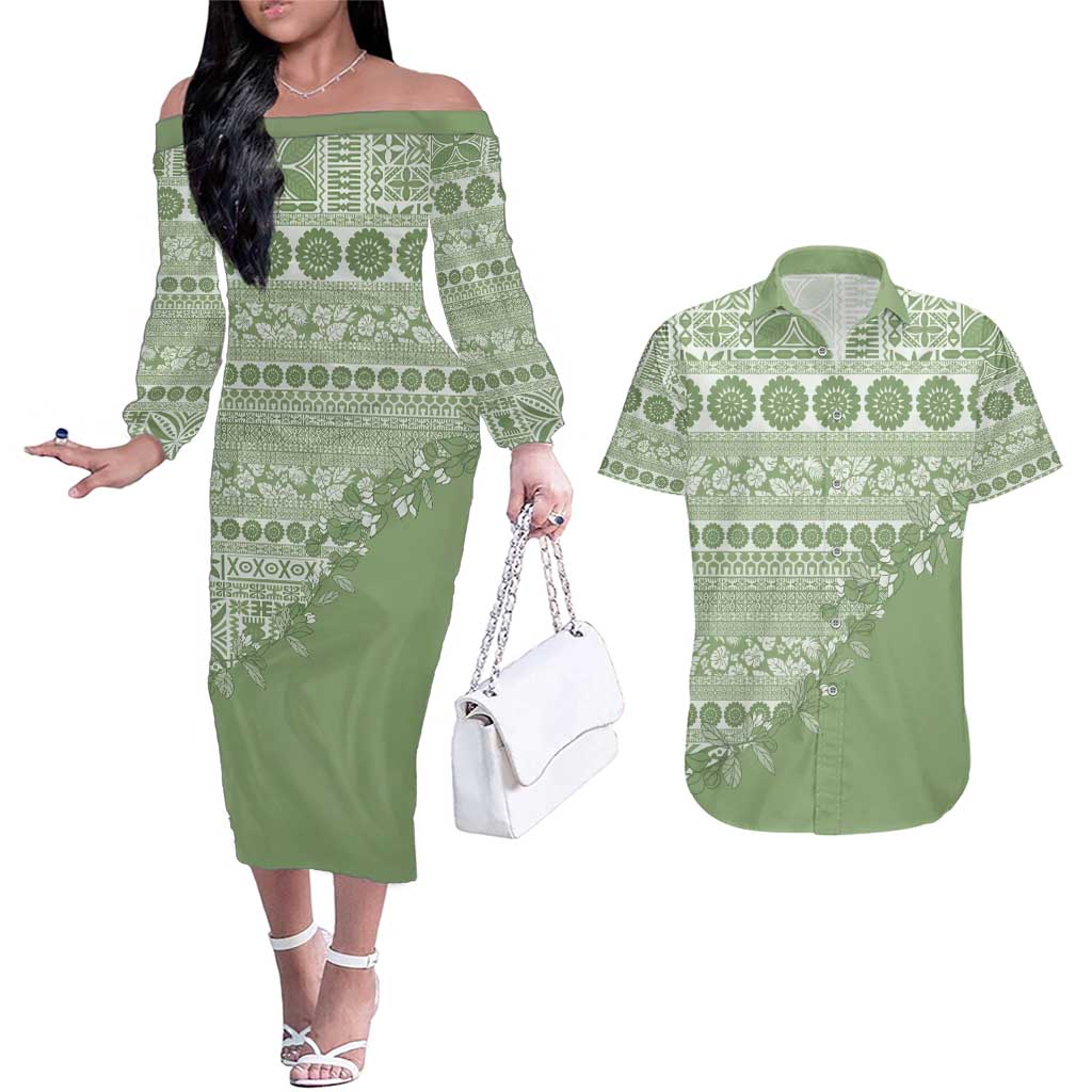 Fiji Marau na Kerisimasi Couples Matching Off The Shoulder Long Sleeve Dress and Hawaiian Shirt Sage Green Tagimoucia Tapa Masi Tribal - Polynesian Pride