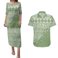 Fiji Marau na Kerisimasi Couples Matching Puletasi and Hawaiian Shirt Sage Green Tagimoucia Tapa Masi Tribal - Polynesian Pride