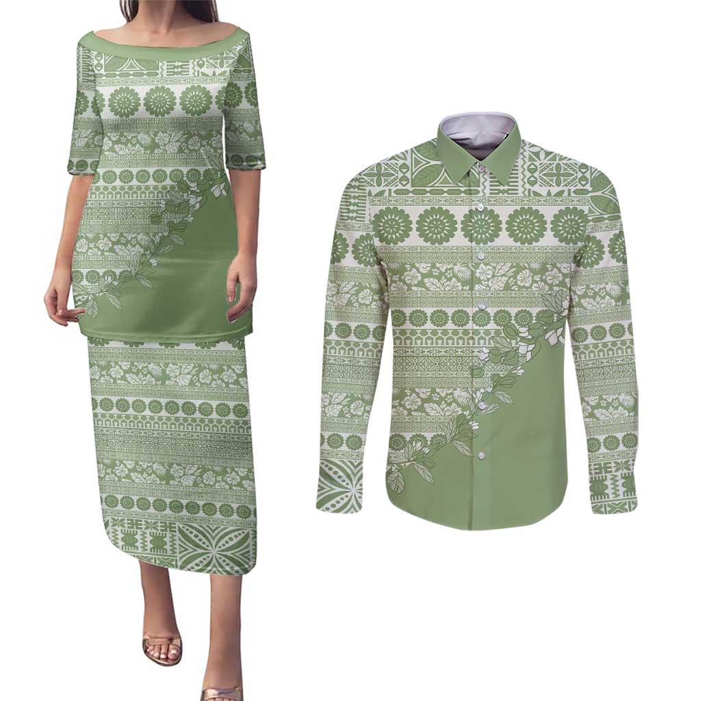 Fiji Marau na Kerisimasi Couples Matching Puletasi and Long Sleeve Button Shirt Sage Green Tagimoucia Tapa Masi Tribal - Polynesian Pride