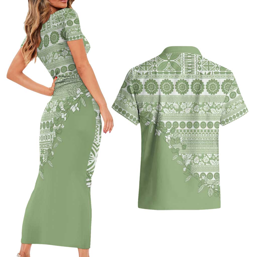 Fiji Marau na Kerisimasi Couples Matching Short Sleeve Bodycon Dress and Hawaiian Shirt Sage Green Tagimoucia Tapa Masi Tribal - Polynesian Pride