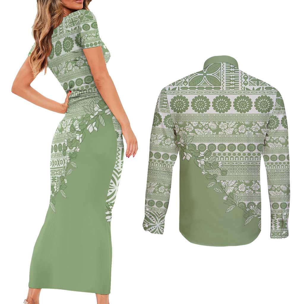 Fiji Marau na Kerisimasi Couples Matching Short Sleeve Bodycon Dress and Long Sleeve Button Shirt Sage Green Tagimoucia Tapa Masi Tribal - Polynesian Pride