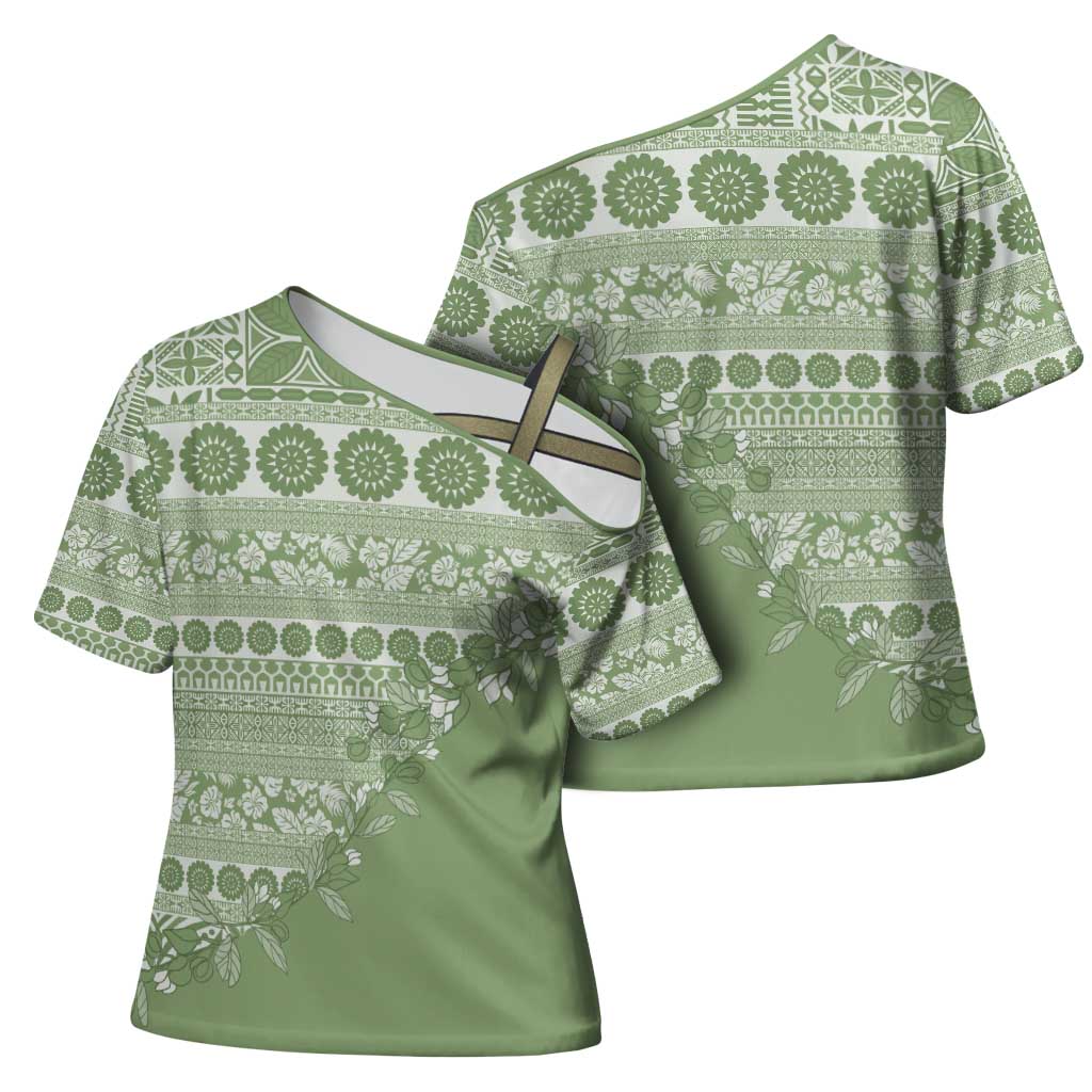 Fiji Marau na Kerisimasi Cross Shoulder Shirt Sage Green Tagimoucia Tapa Masi Tribal - Polynesian Pride