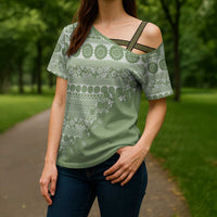 Fiji Marau na Kerisimasi Cross Shoulder Shirt Sage Green Tagimoucia Tapa Masi Tribal - Polynesian Pride