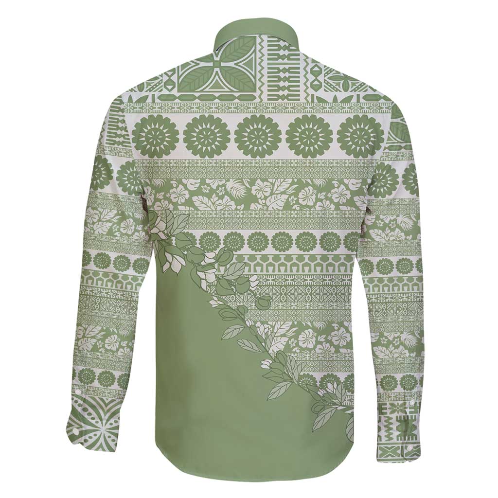 Fiji Marau na Kerisimasi Family Matching Long Sleeve Bodycon Dress and Hawaiian Shirt Sage Green Tagimoucia Tapa Masi Tribal - Polynesian Pride