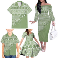 Fiji Marau na Kerisimasi Family Matching Off The Shoulder Long Sleeve Dress and Hawaiian Shirt Sage Green Tagimoucia Tapa Masi Tribal - Polynesian Pride