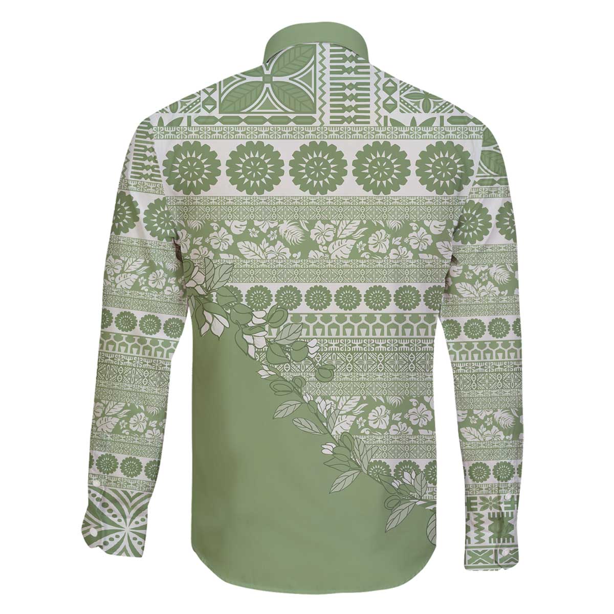 Fiji Marau na Kerisimasi Family Matching Off The Shoulder Long Sleeve Dress and Hawaiian Shirt Sage Green Tagimoucia Tapa Masi Tribal - Polynesian Pride