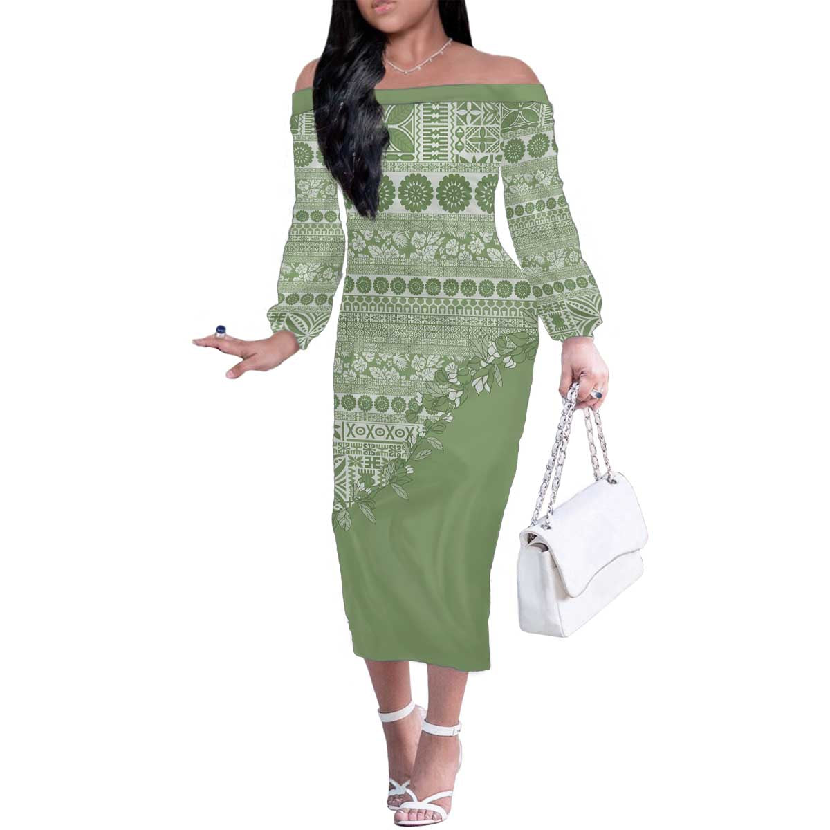 Fiji Marau na Kerisimasi Family Matching Off The Shoulder Long Sleeve Dress and Hawaiian Shirt Sage Green Tagimoucia Tapa Masi Tribal - Polynesian Pride