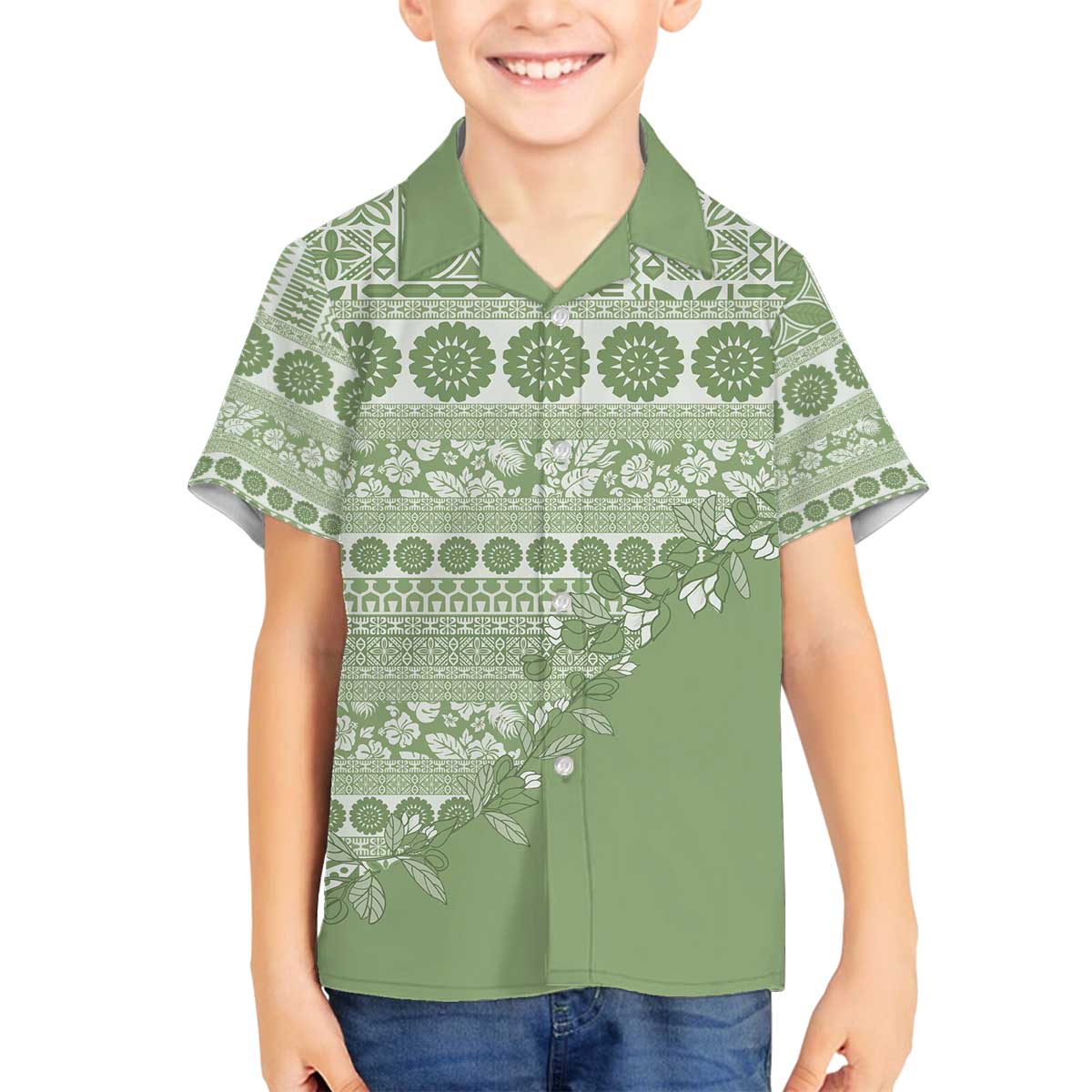 Fiji Marau na Kerisimasi Family Matching Off The Shoulder Long Sleeve Dress and Hawaiian Shirt Sage Green Tagimoucia Tapa Masi Tribal - Polynesian Pride