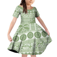 Fiji Marau na Kerisimasi Family Matching Off Shoulder Short Dress and Hawaiian Shirt Sage Green Tagimoucia Tapa Masi Tribal - Polynesian Pride