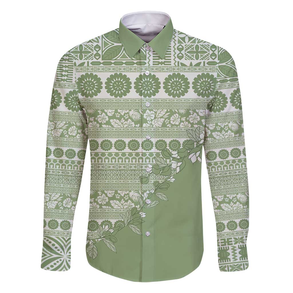 Fiji Marau na Kerisimasi Family Matching Off Shoulder Short Dress and Hawaiian Shirt Sage Green Tagimoucia Tapa Masi Tribal - Polynesian Pride