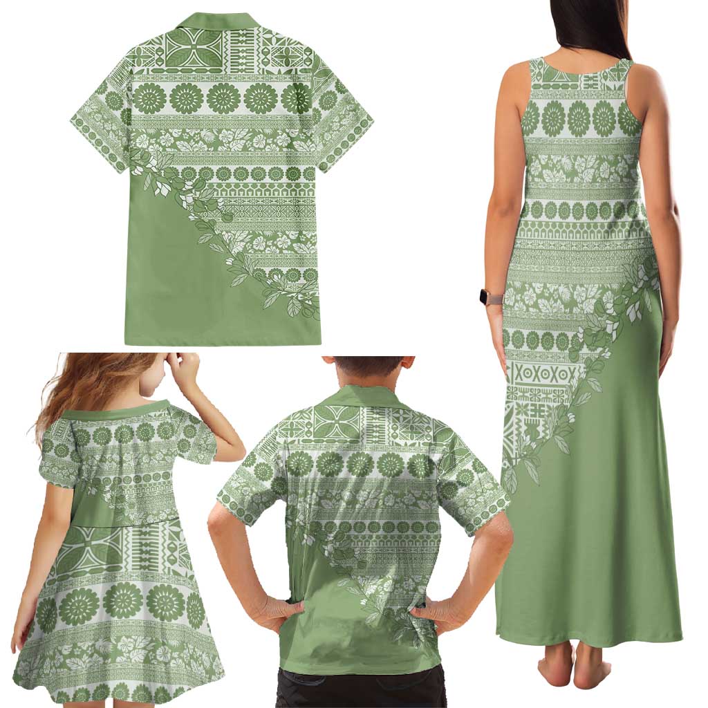 Fiji Marau na Kerisimasi Family Matching Tank Maxi Dress and Hawaiian Shirt Sage Green Tagimoucia Tapa Masi Tribal - Polynesian Pride