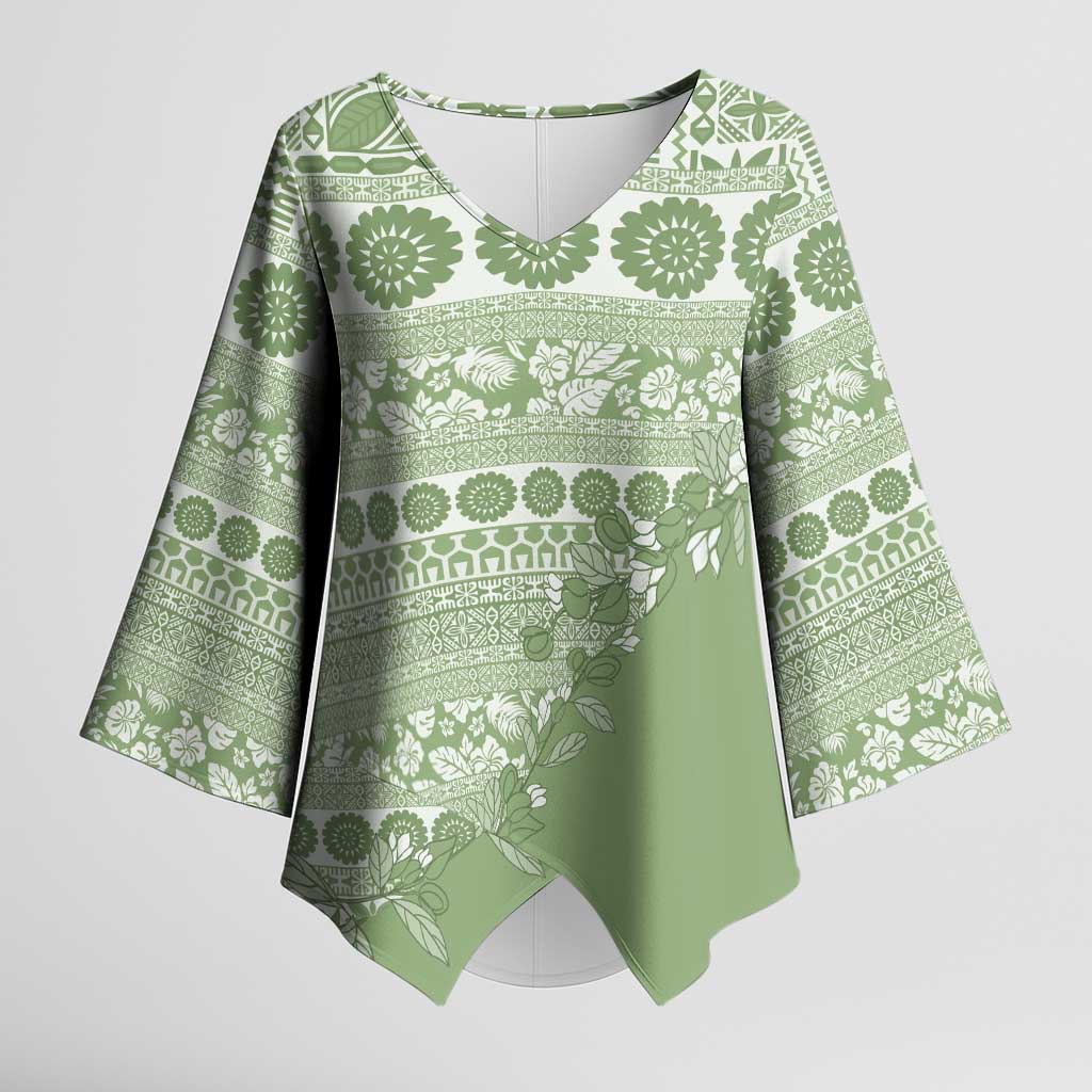 Fiji Marau na Kerisimasi Kimono Sleeve Blouse Sage Green Tagimoucia Tapa Masi Tribal - Polynesian Pride