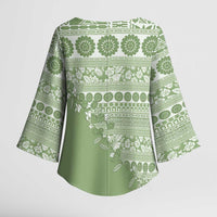 Fiji Marau na Kerisimasi Kimono Sleeve Blouse Sage Green Tagimoucia Tapa Masi Tribal - Polynesian Pride