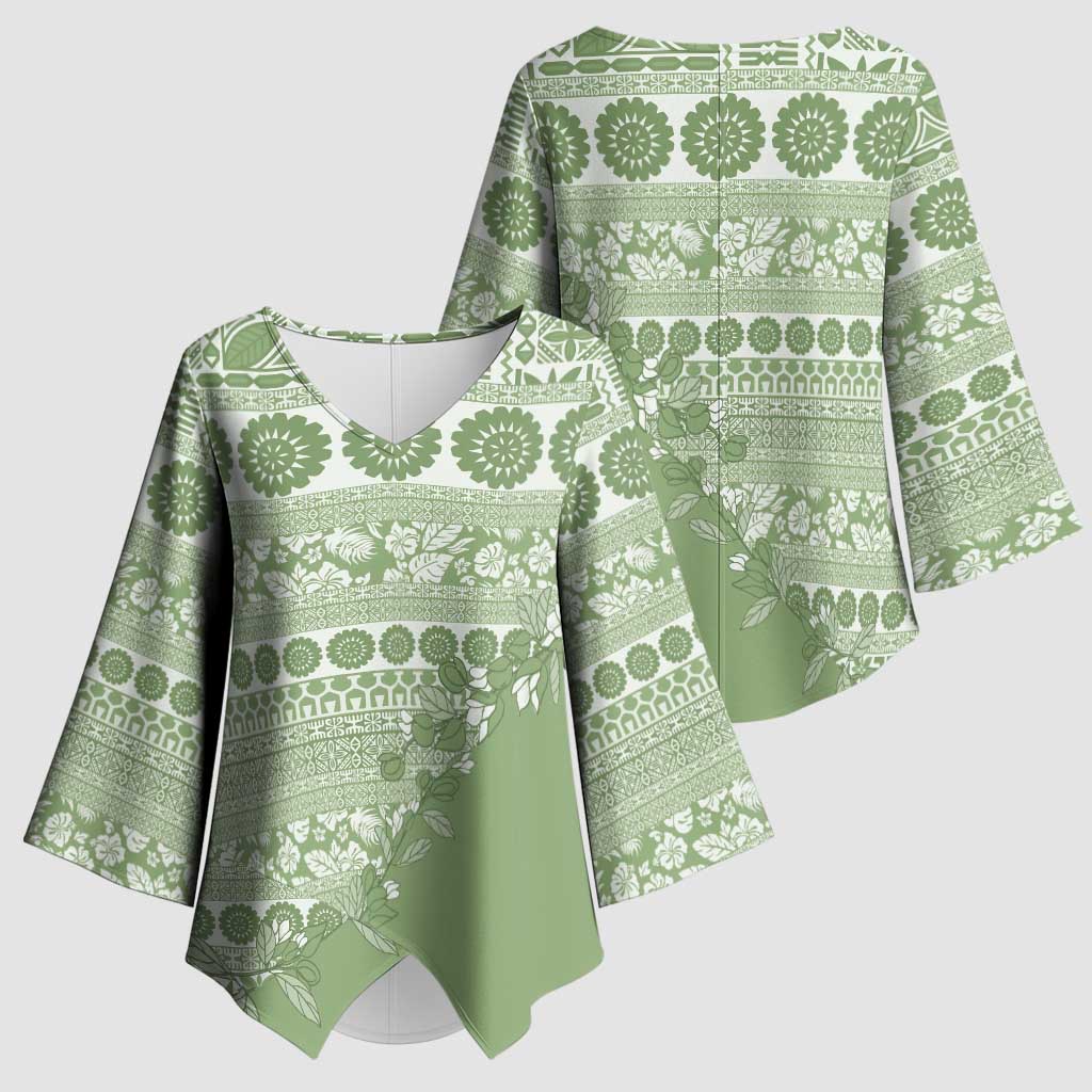 Fiji Marau na Kerisimasi Kimono Sleeve Blouse Sage Green Tagimoucia Tapa Masi Tribal - Polynesian Pride