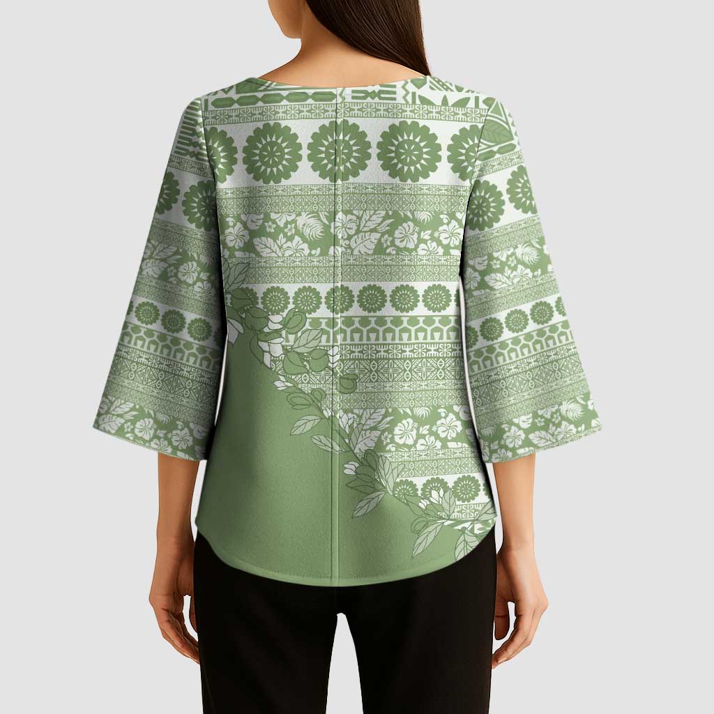 Fiji Marau na Kerisimasi Kimono Sleeve Blouse Sage Green Tagimoucia Tapa Masi Tribal - Polynesian Pride