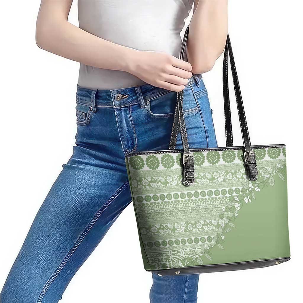 Fiji Marau na Kerisimasi Leather Tote Bag Sage Green Tagimoucia Tapa Masi Tribal - Polynesian Pride