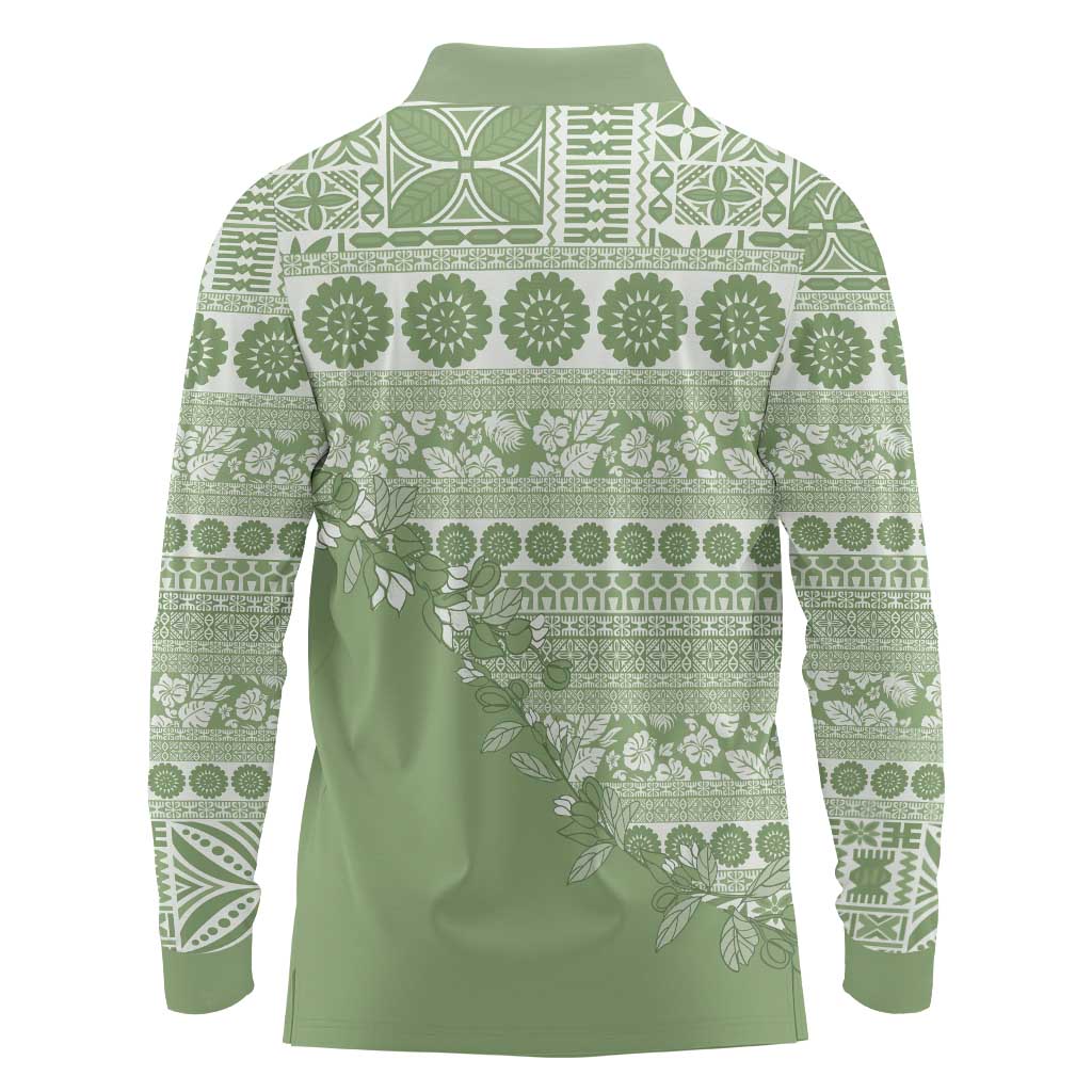 Fiji Marau na Kerisimasi Long Sleeve Polo Shirt Sage Green Tagimoucia Tapa Masi Tribal - Polynesian Pride