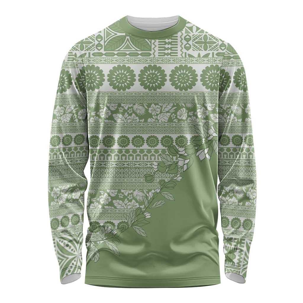 Fiji Marau na Kerisimasi Long Sleeve Shirt Sage Green Tagimoucia Tapa Masi Tribal - Polynesian Pride