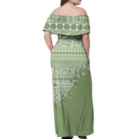 Fiji Marau na Kerisimasi Off Shoulder Maxi Dress Sage Green Tagimoucia Tapa Masi Tribal - Polynesian Pride