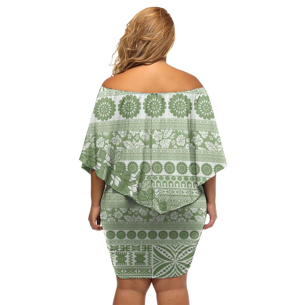 Fiji Marau na Kerisimasi Off Shoulder Short Dress Sage Green Tagimoucia Tapa Masi Tribal - Polynesian Pride