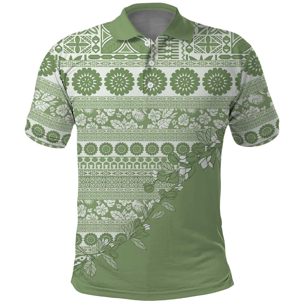 Fiji Marau na Kerisimasi Polo Shirt Sage Green Tagimoucia Tapa Masi Tribal - Polynesian Pride