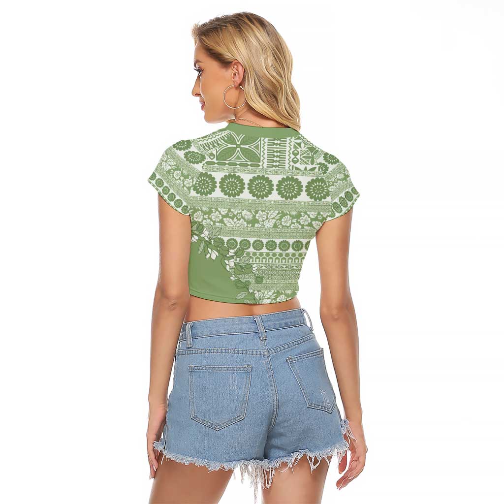 Fiji Marau na Kerisimasi Raglan Cropped T Shirt Sage Green Tagimoucia Tapa Masi Tribal - Polynesian Pride