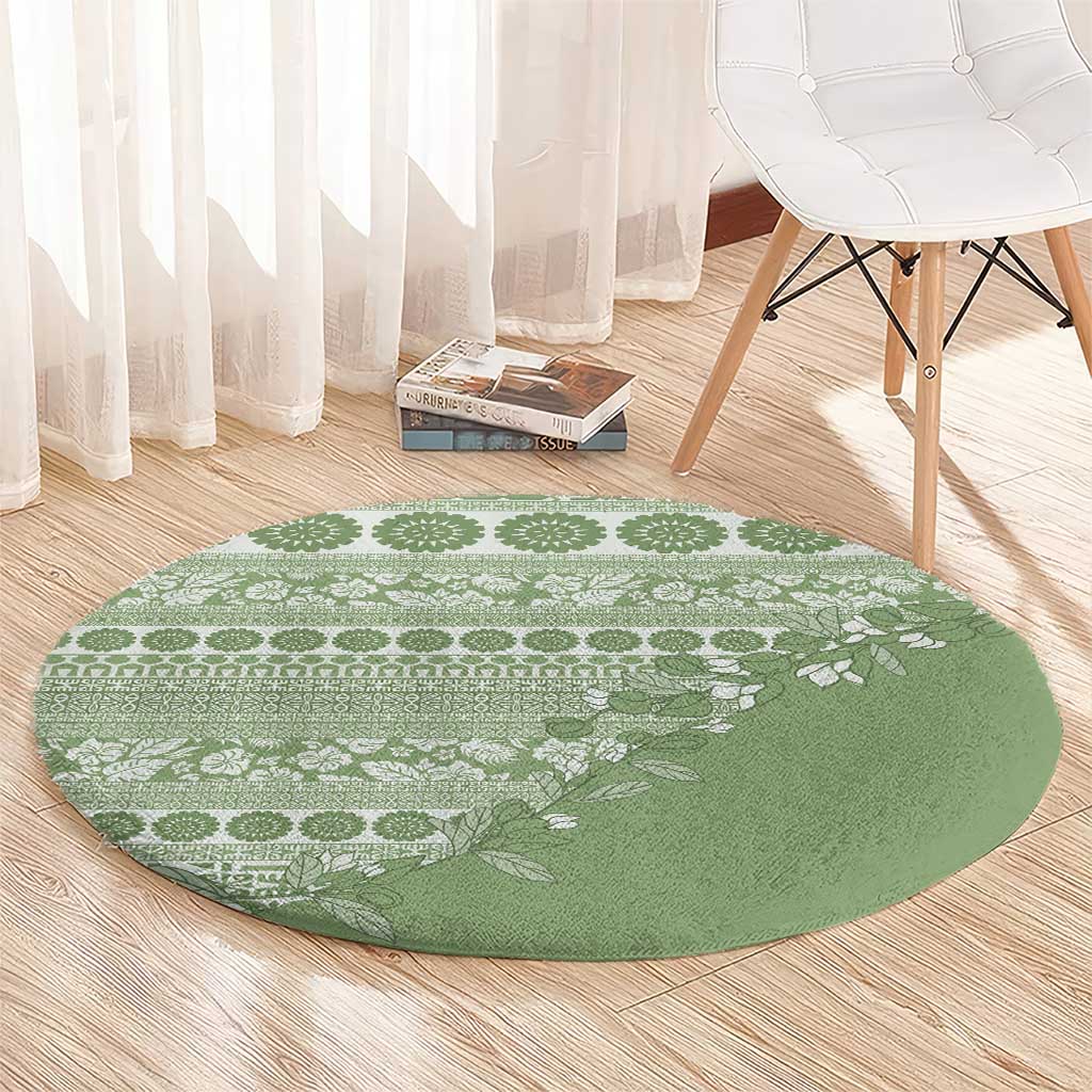 Fiji Marau na Kerisimasi Round Carpet Sage Green Tagimoucia Tapa Masi Tribal - Polynesian Pride
