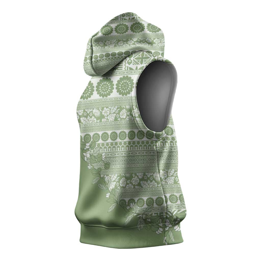 Fiji Marau na Kerisimasi Sleeveless Hoodie Sage Green Tagimoucia Tapa Masi Tribal - Polynesian Pride